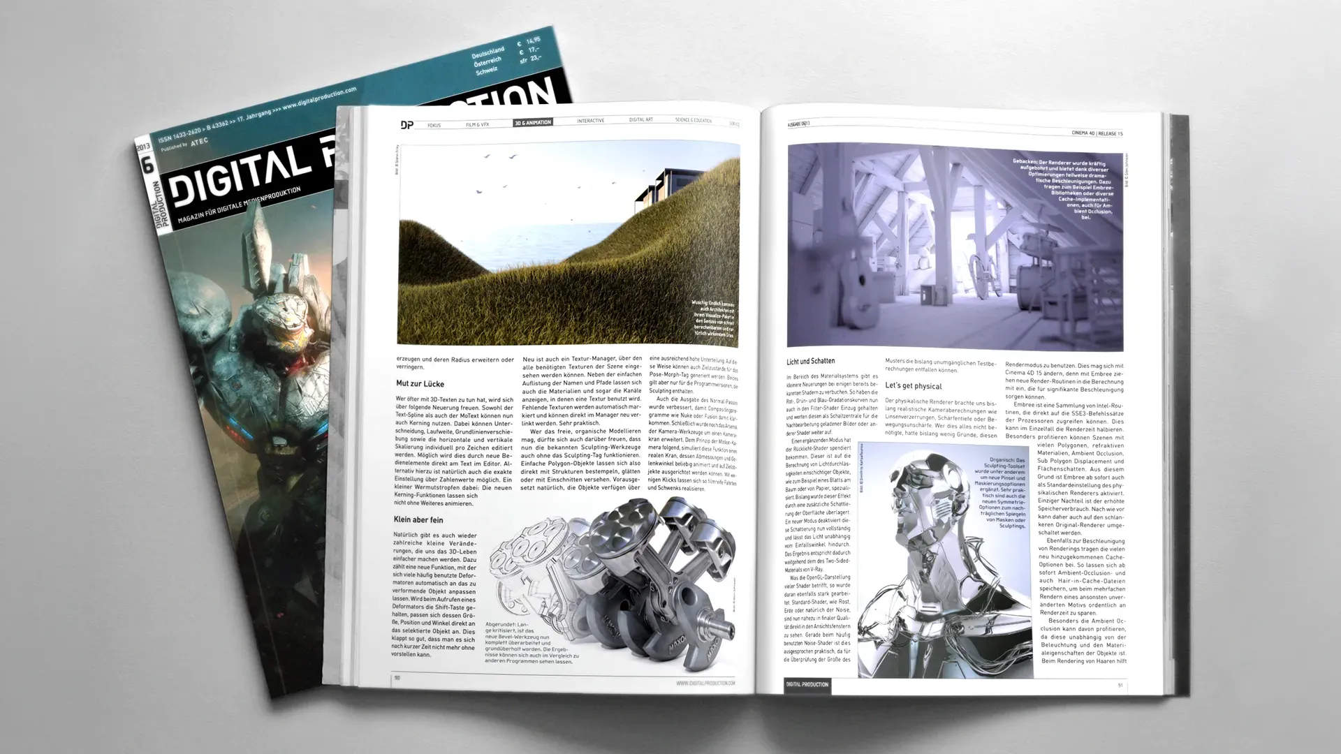 magazine spread showing a review of Cinema 4D R15. The robot illustration is shown on the right page of the magazine