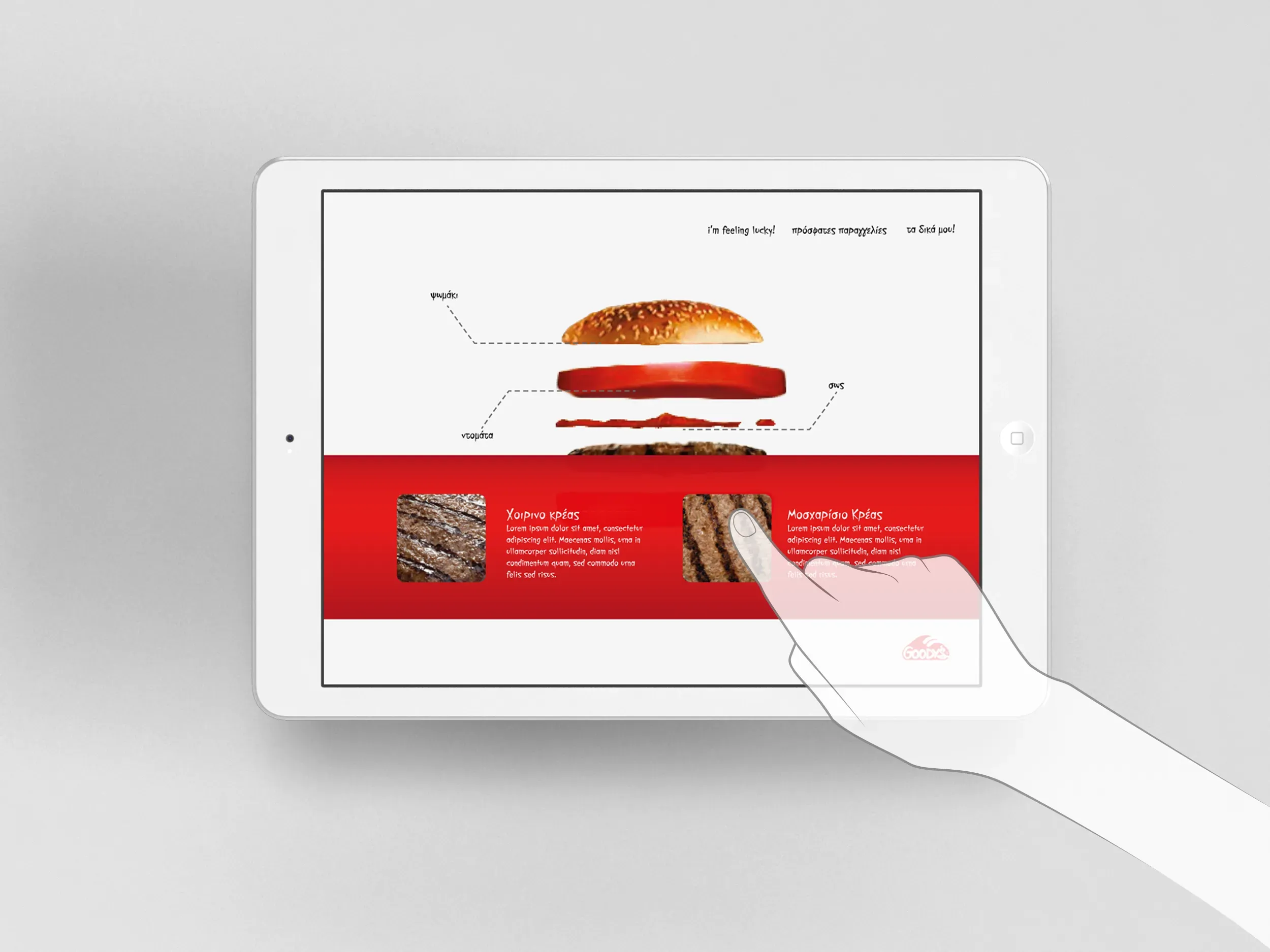 Stylised hand picks between pork or beef patty