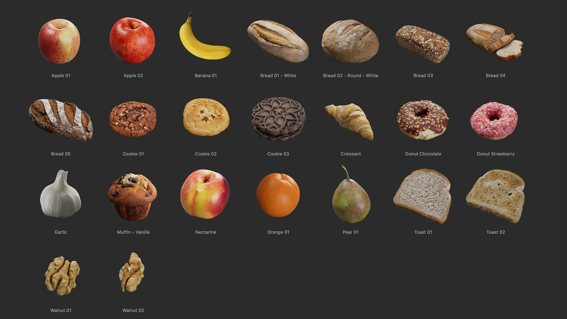 Cinema 4D Asset Browser displaying the scanned food collection