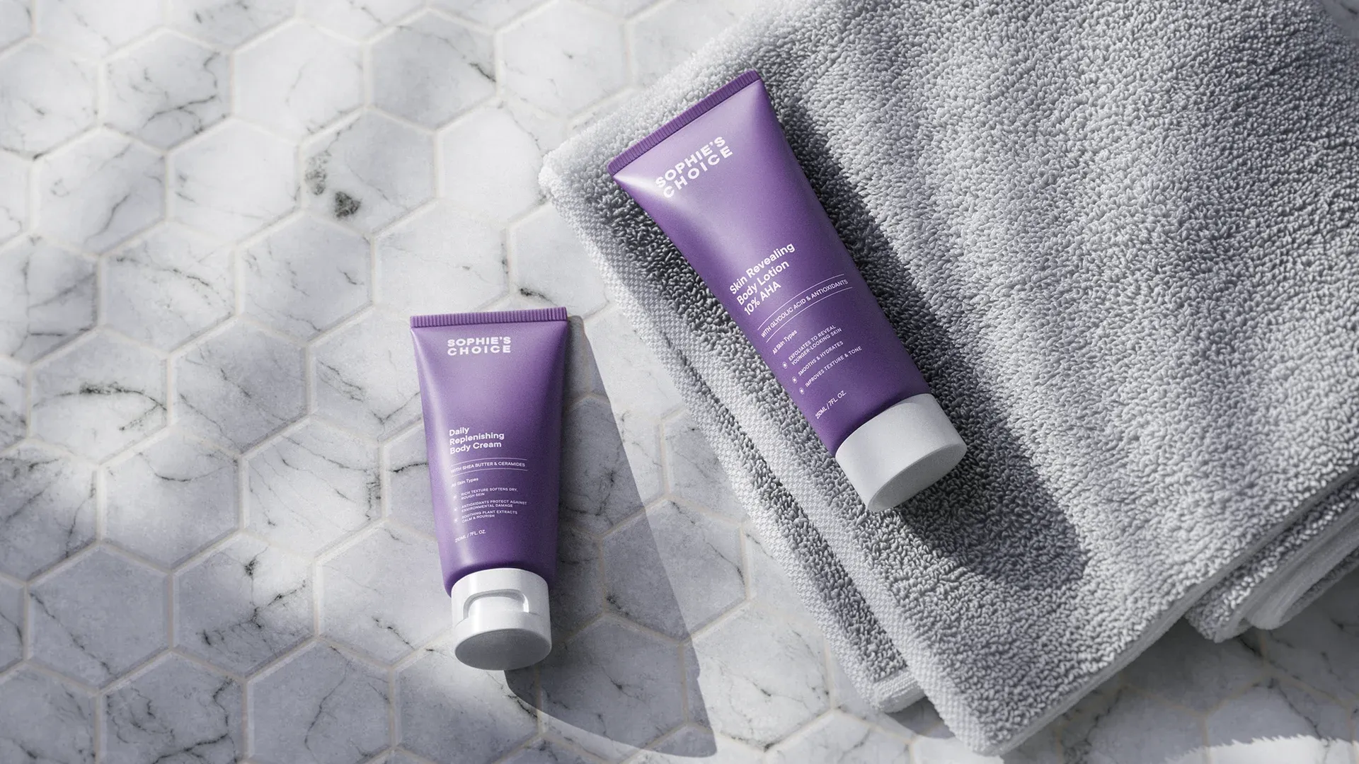 Beauty product pack shot on a honeycomb marble backdrop