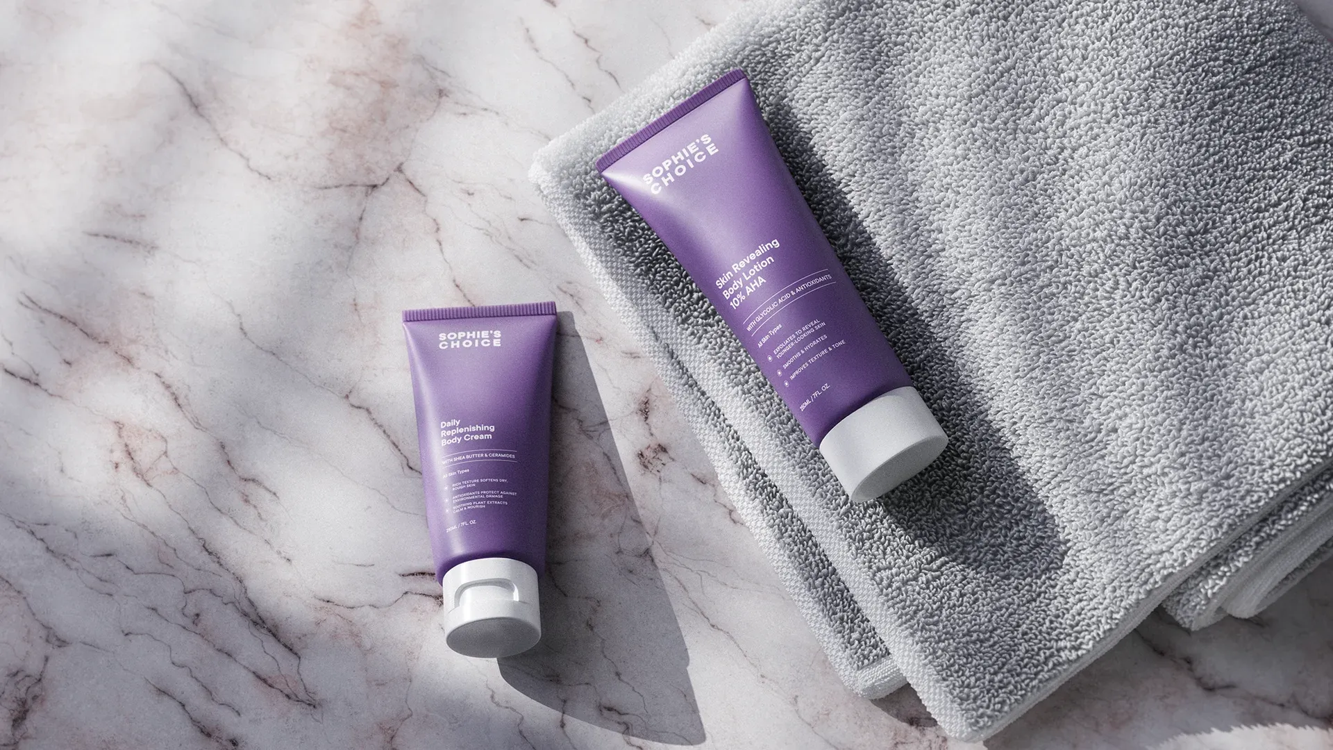 Beauty product pack shot rendered on a white marble backdrop