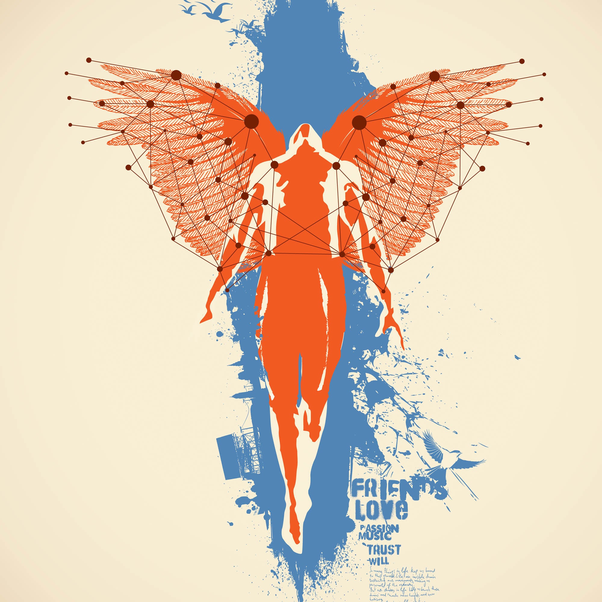 Vector drawing of a person with red wings on a beige background. A blue splash of paint is behind the drawing. drawing. 