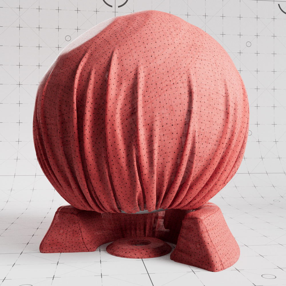 Red cloth with polka dots applied on shader ball. The fabric is slightly transparent. 