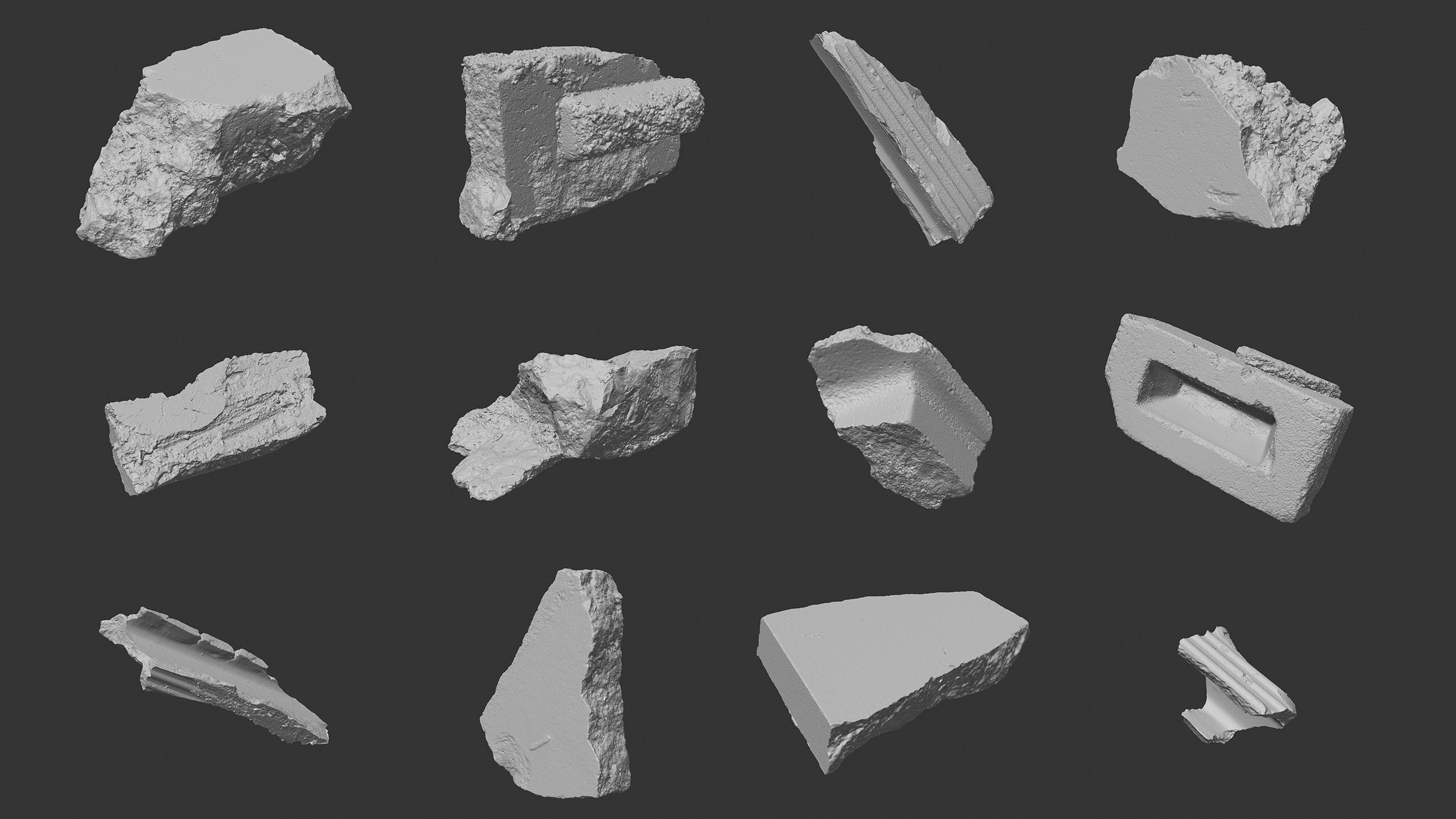 Set of 3D scanned debris on a gray background