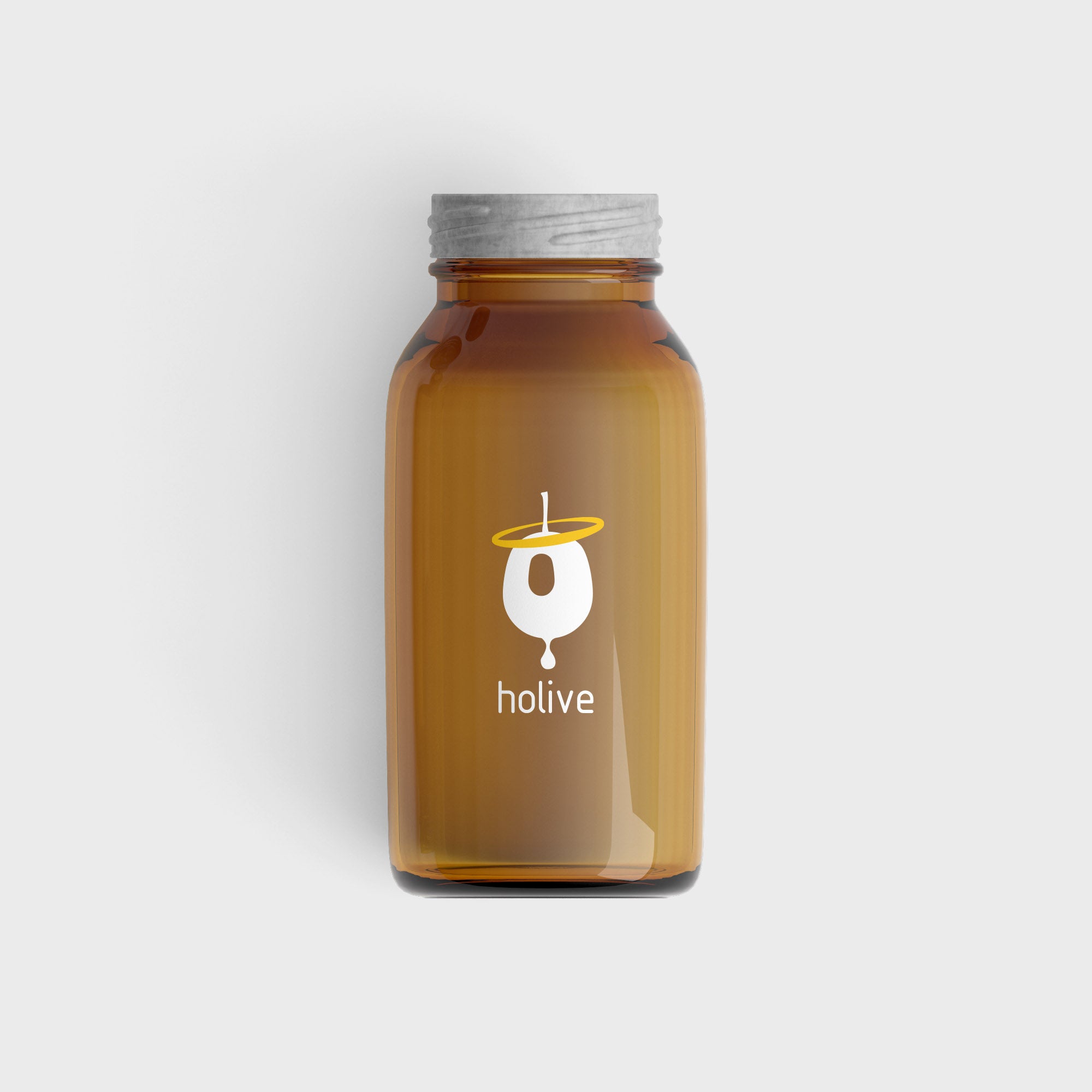 Brown bottle with silver cap and 'holive' logo on a white background