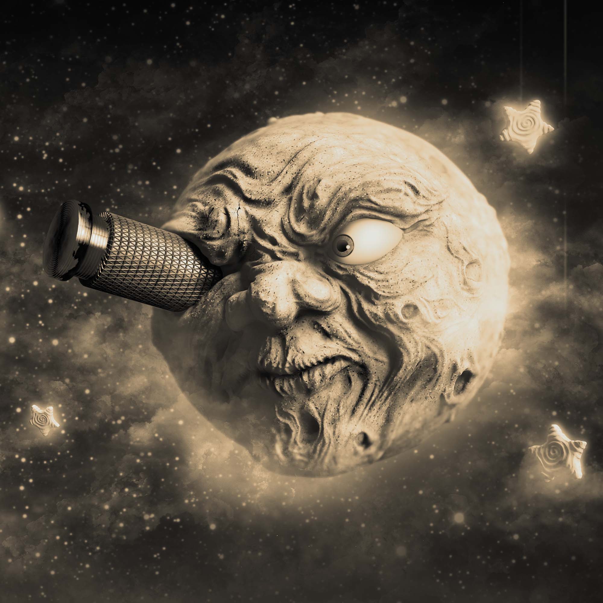 3D render of a cartoony moon with a missile in its eye. 