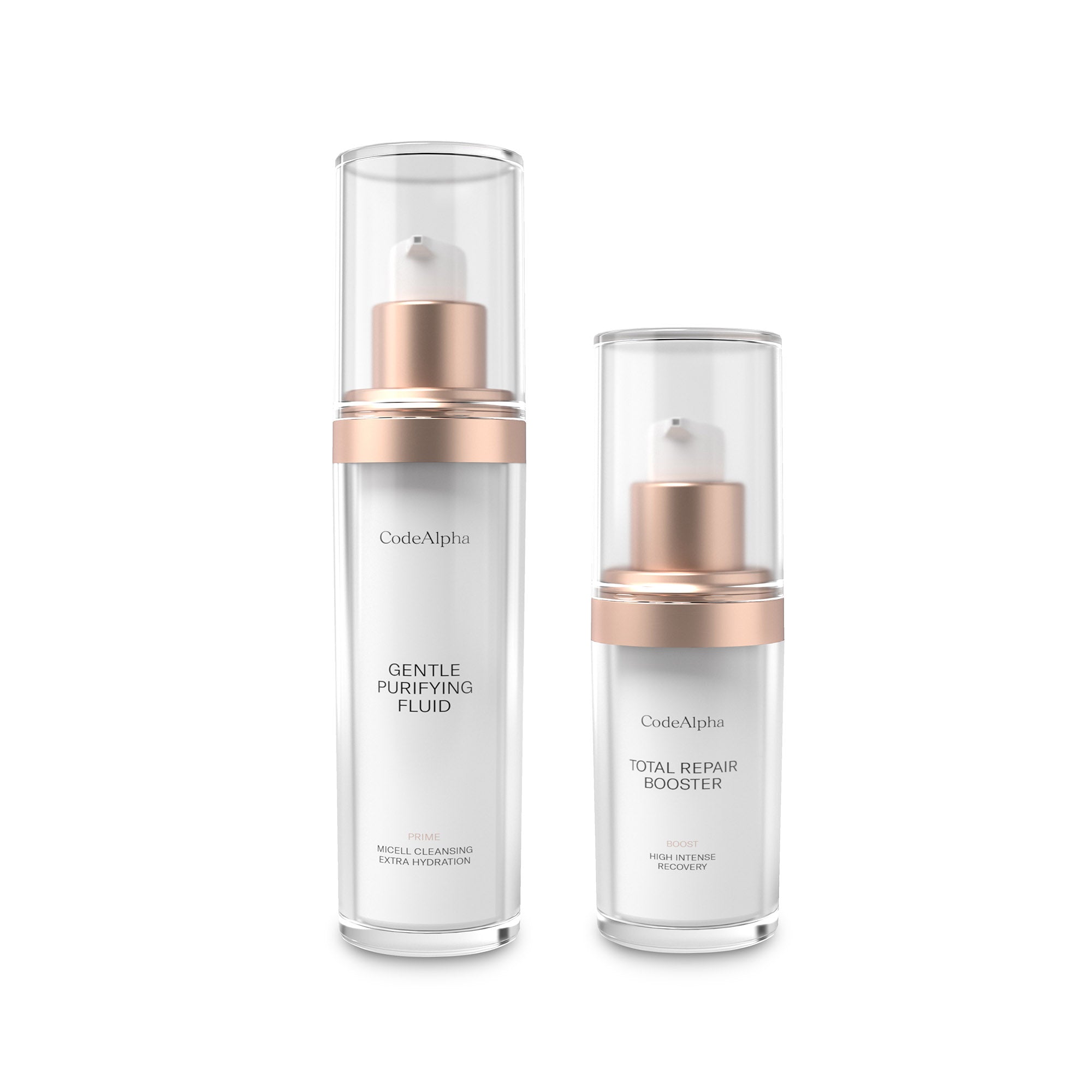 Two skincare bottles labeled 'Gentle Purifying Fluid' and 'Total Repair Booster' on a white background.