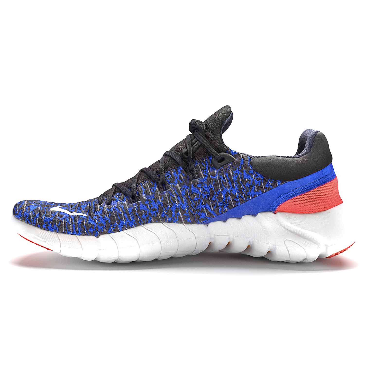 3D scan of Nike Free shoe. Blue and black upper with white sole on a white background.