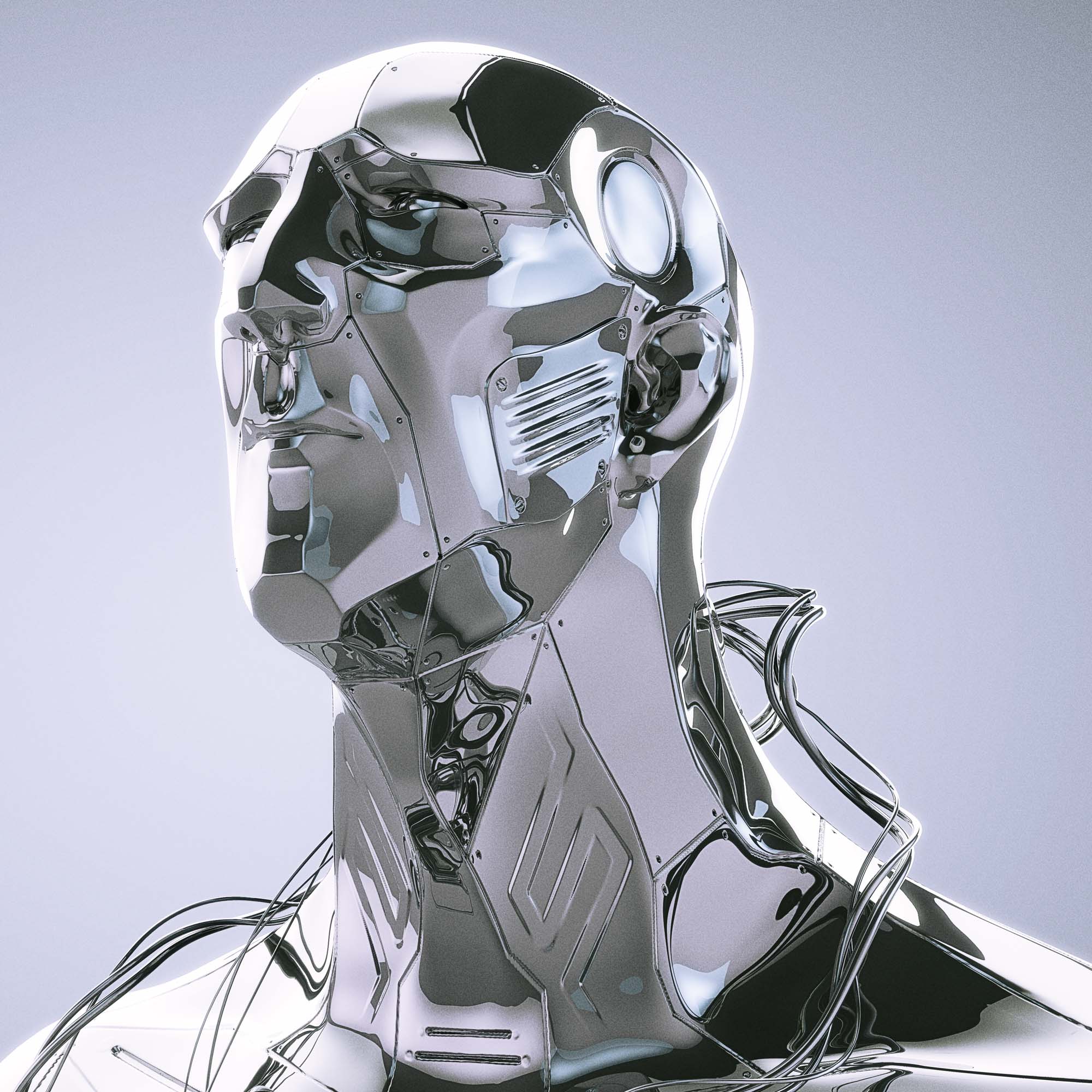 Chrome robot head on a light blue background