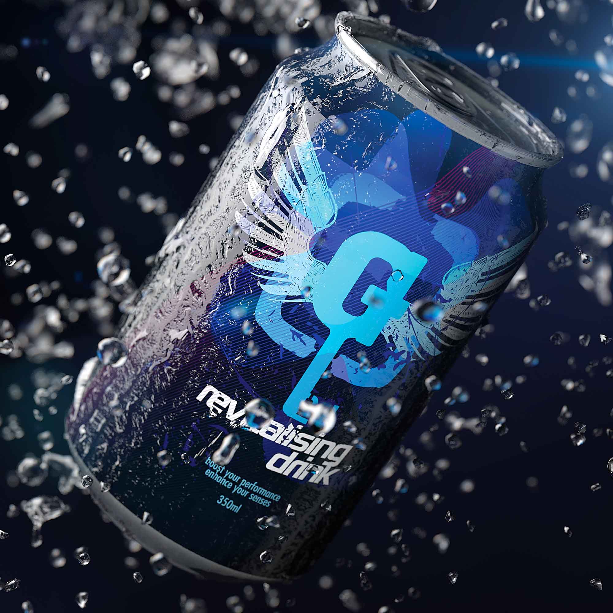 3D render of an energy drink, surrounded by water droplets on a blue background.