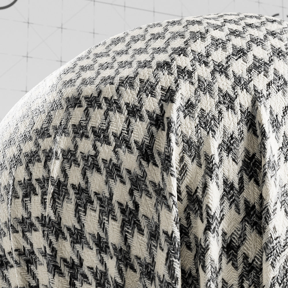 Close-up of a textured fabric with a houndstooth pattern on a white background.